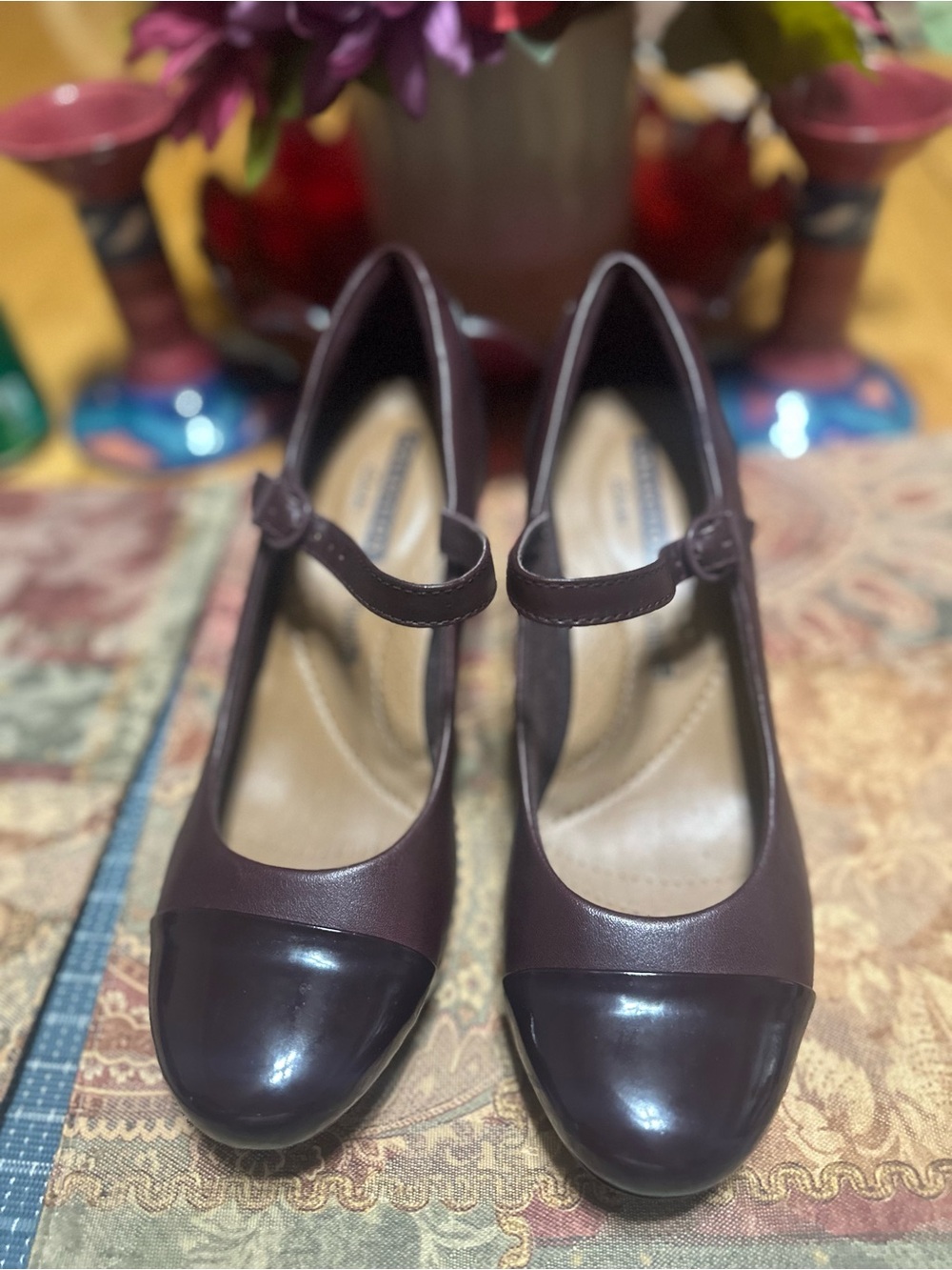 Clarks Burgundy Mary Jane Heel with Gloss Cap Toe
